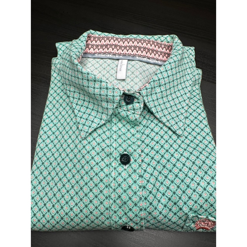 Cinch Button Down Shirt Womens Large Green Lattice Geometric Tencel MSW9164133